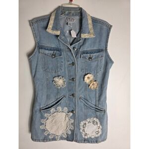 UpcycledLimited Jeans Denim Vest Sleeveless Crochet Embellished Cottagecore Vest